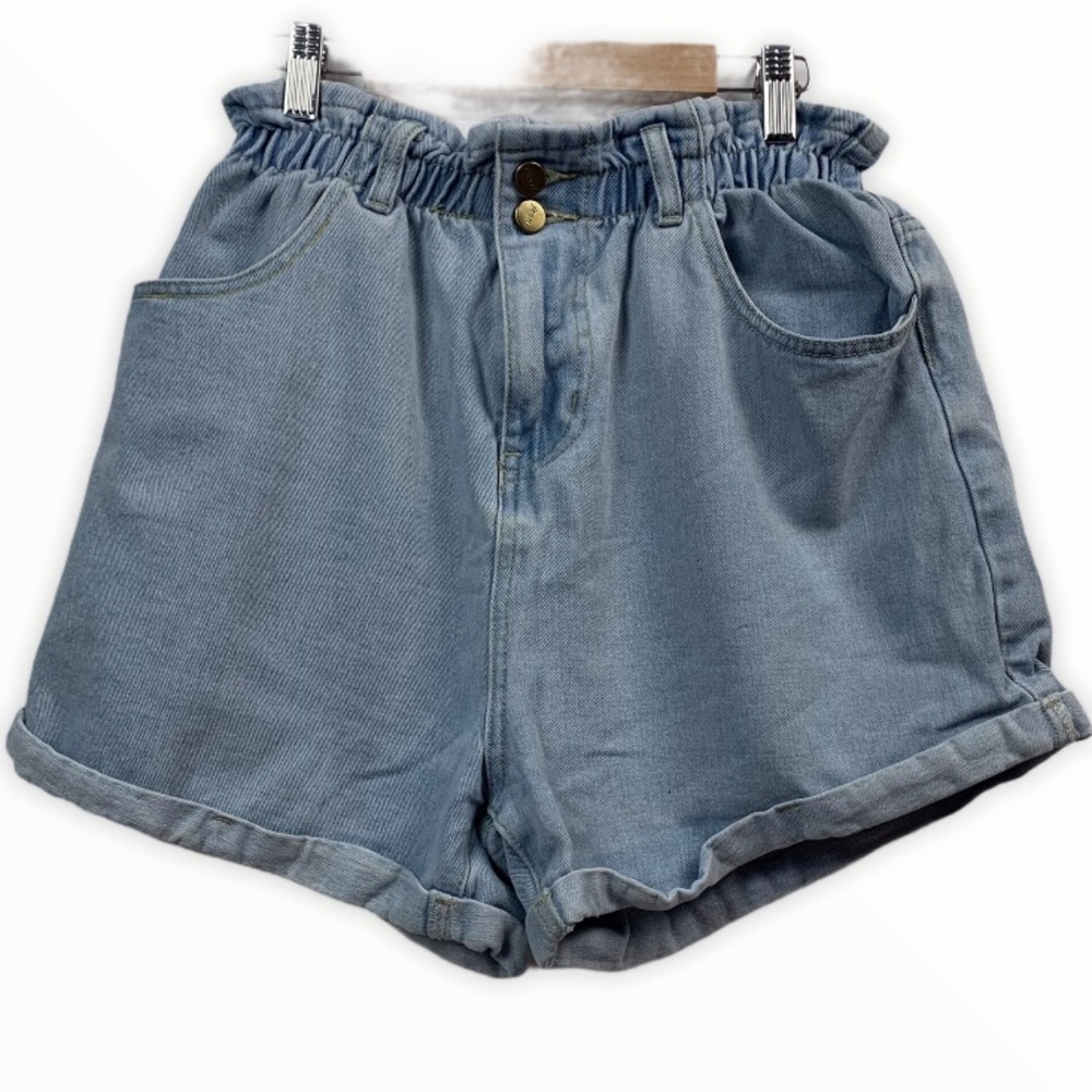 Plaid & Plain EUC Paper Bag Elastic Ruffle Waist Denim Shorts